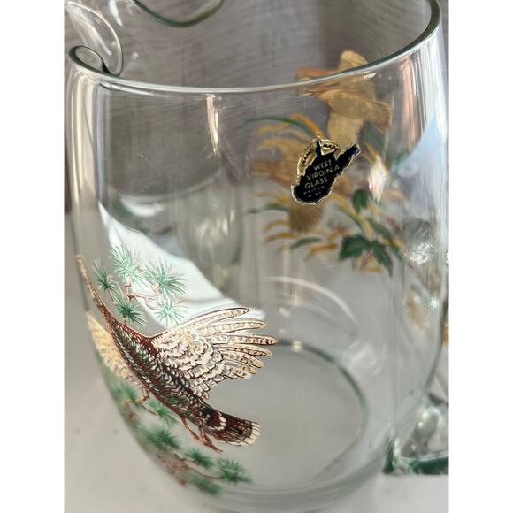 Vintage West Virginia Glass Hand Made Pitcher and 6 glasses hunting lodge birds - Picture 4 of 11